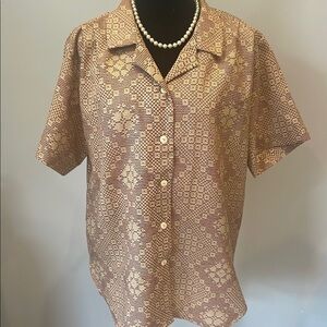 Women's Brown Patterned Short Sleeve Top vintage 80’s handmade